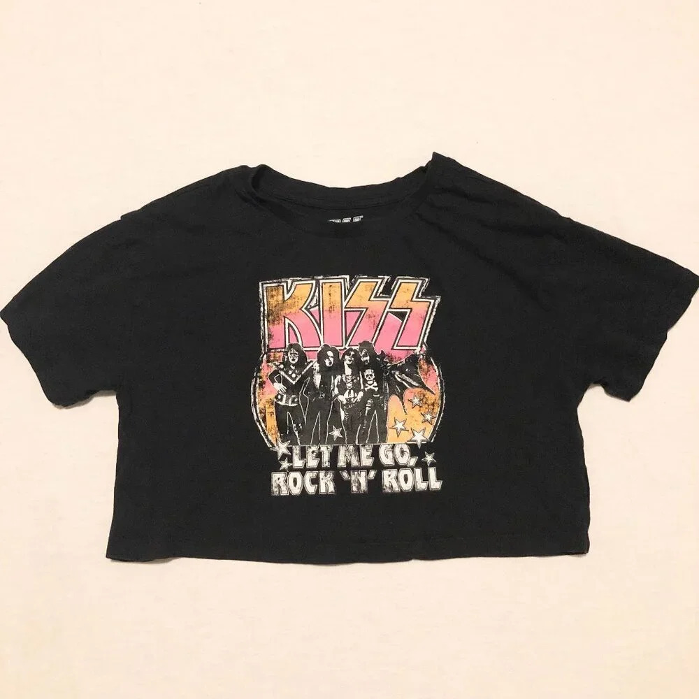 Kiss Band Tee Crop Top Womens Size Small Let me Go Rock N Roll
